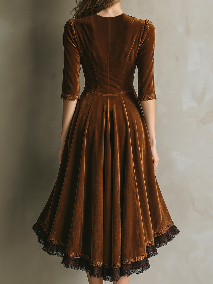 Vestido Midi de Terciopelo Vintage con Encaje y Manga Tres Cuartos