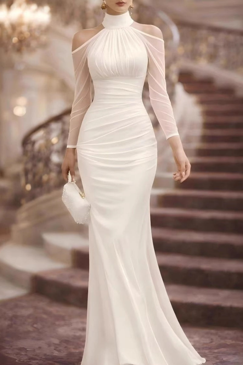 Vestido Maxi Halter Hombros Descubiertos con Mangas de Tul
