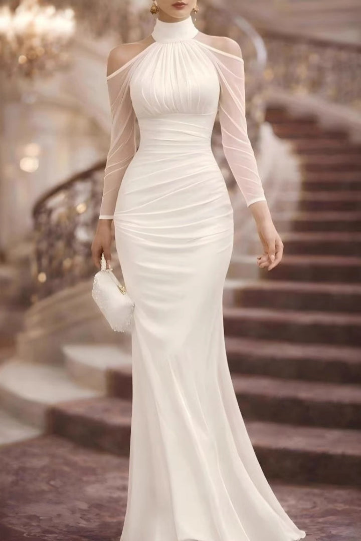 Vestido Maxi Halter Hombros Descubiertos con Mangas de Tul