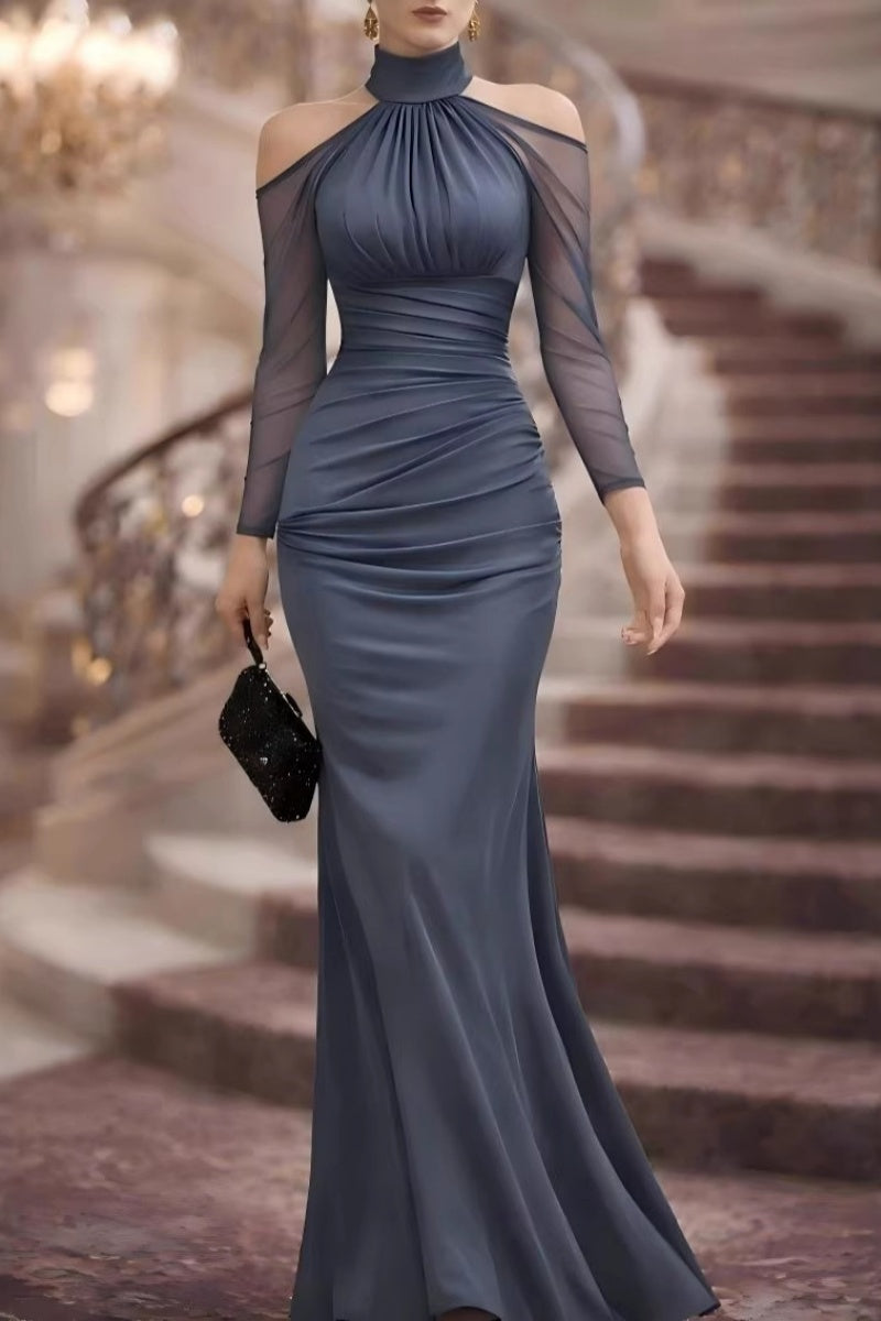 Vestido Maxi Halter Hombros Descubiertos con Mangas de Tul