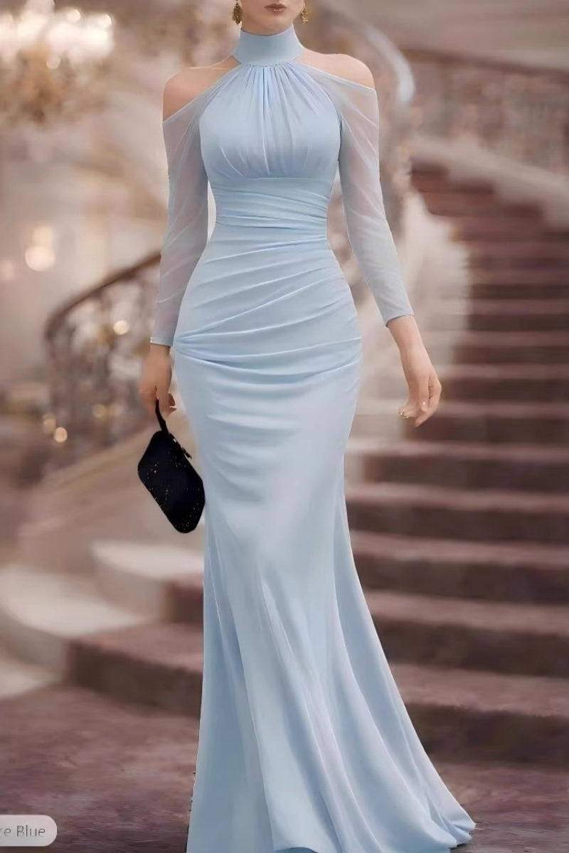 Vestido Maxi Halter Hombros Descubiertos con Mangas de Tul