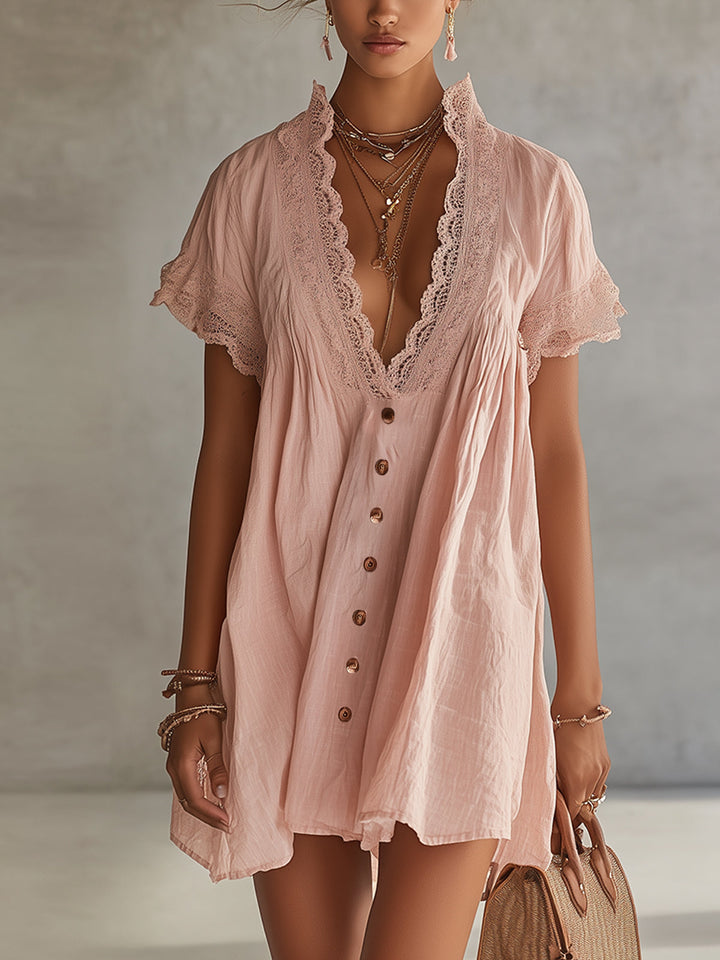 Vestido Mini Rosa de Encaje con Botones y Escote en V