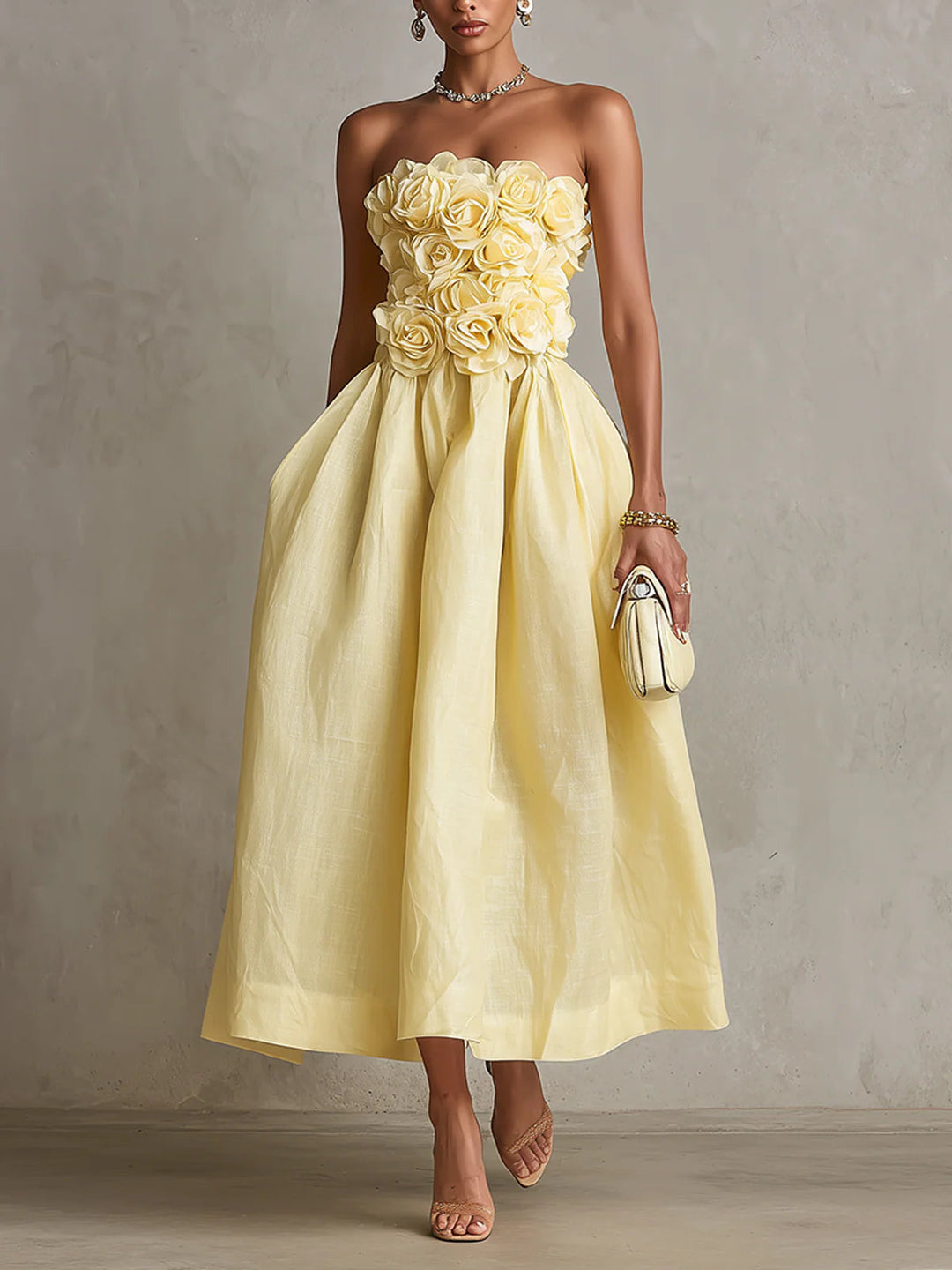 Vestido Midi Amarillo sin Tirantes con Flores 3D