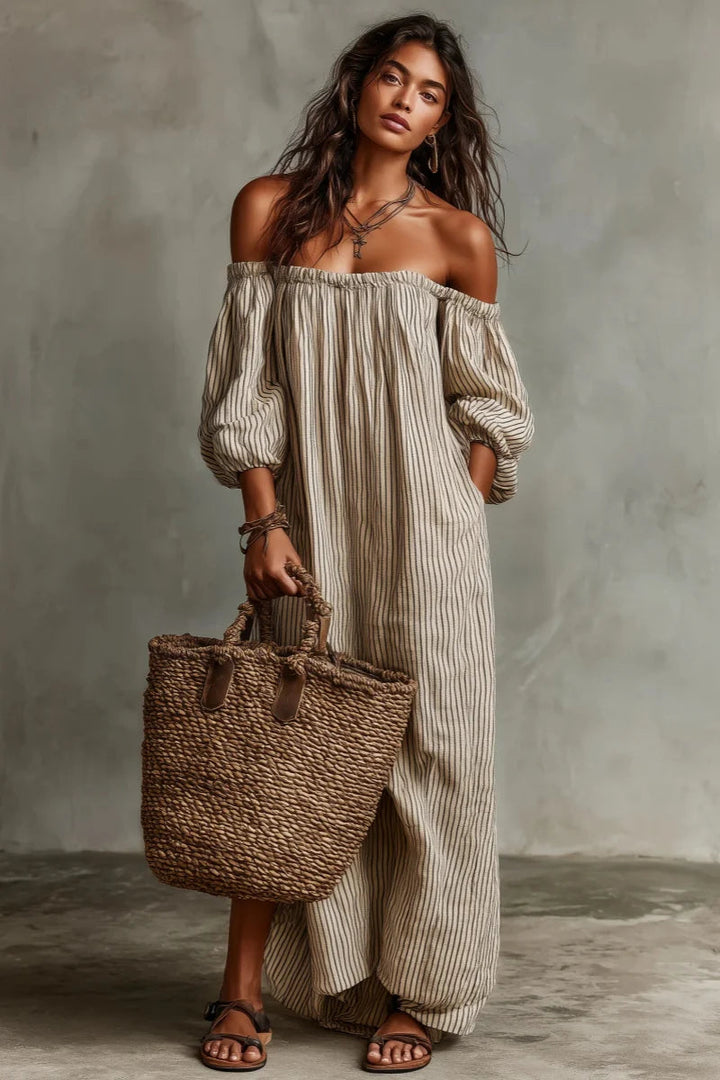 Vestido Maxi de Lino con Hombros Descubiertos y Rayas Beige
