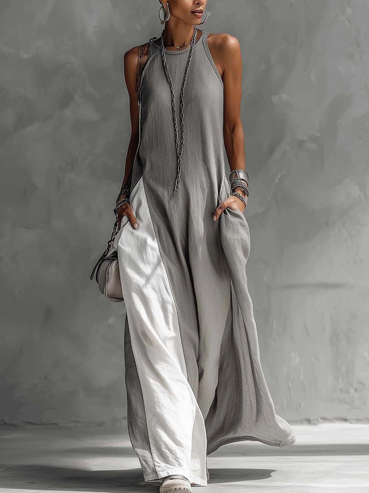 Vestido Maxi Bicolor Gris y Blanco sin Mangas