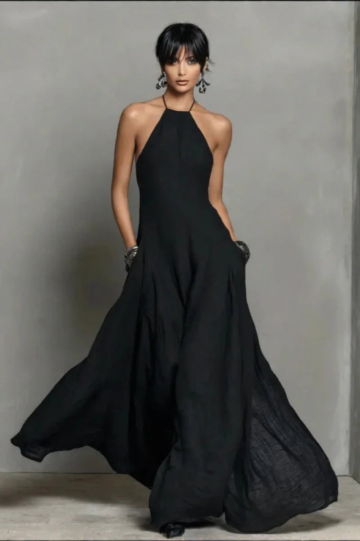 Vestido Maxi Negro de Lino con Cuello Halter y Espalda Descubierta
