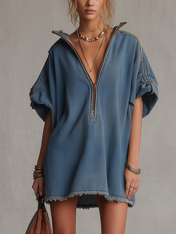 Vestido Mini de Denim Azul Lavado con Cremallera