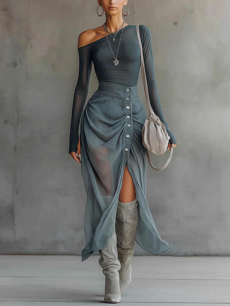 Vestido Maxi Azul de Malla con Hombros Descubiertos