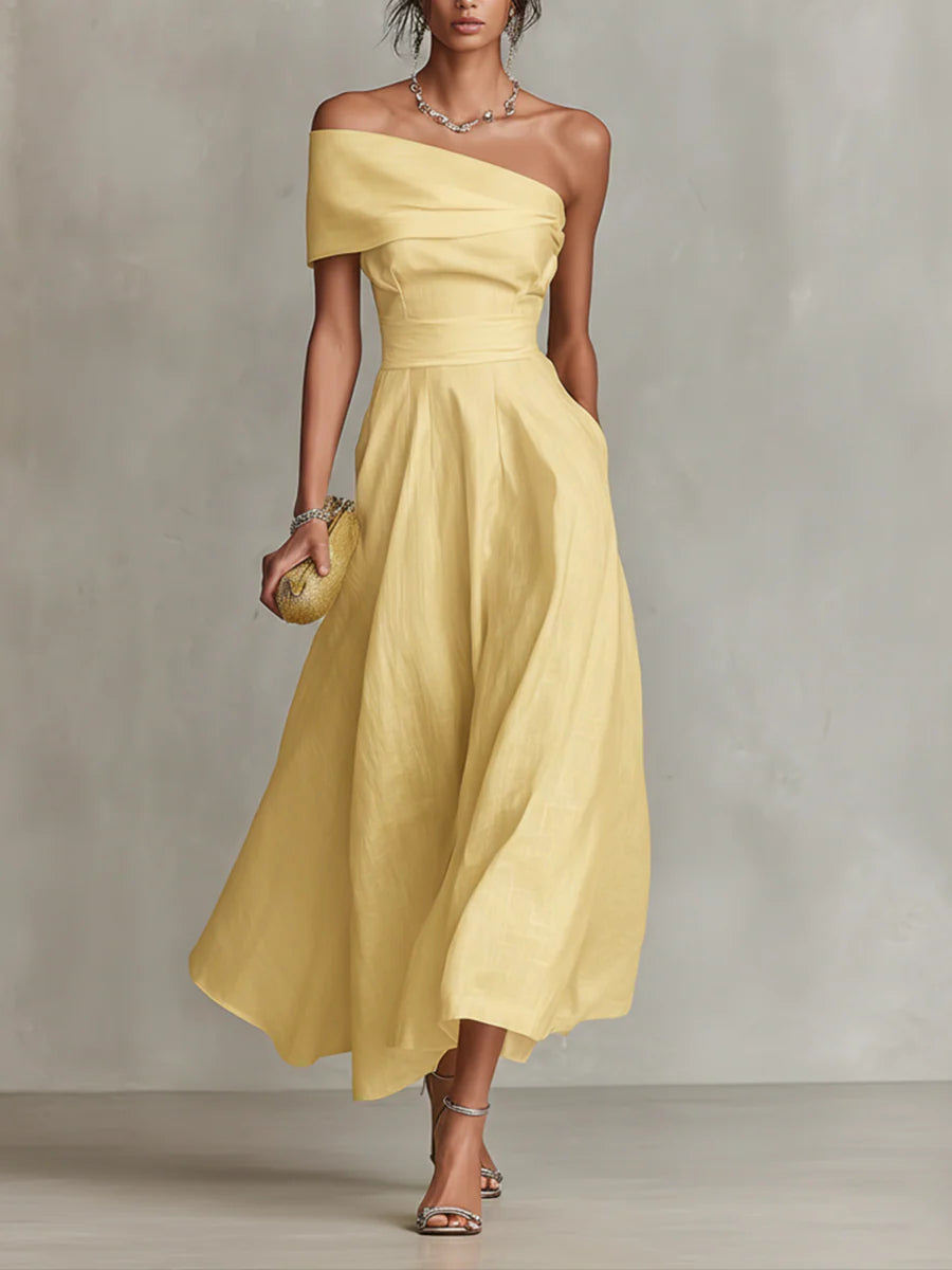 Vestido Maxi Amarillo de Lino con Hombro Descubierto