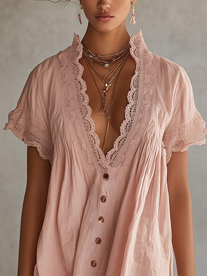 Vestido Mini Rosa de Encaje con Botones y Escote en V