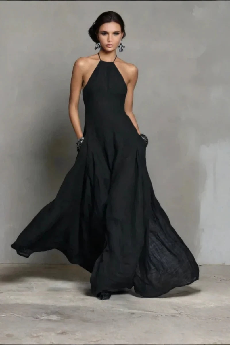 Vestido Maxi Negro de Lino con Cuello Halter y Espalda Descubierta