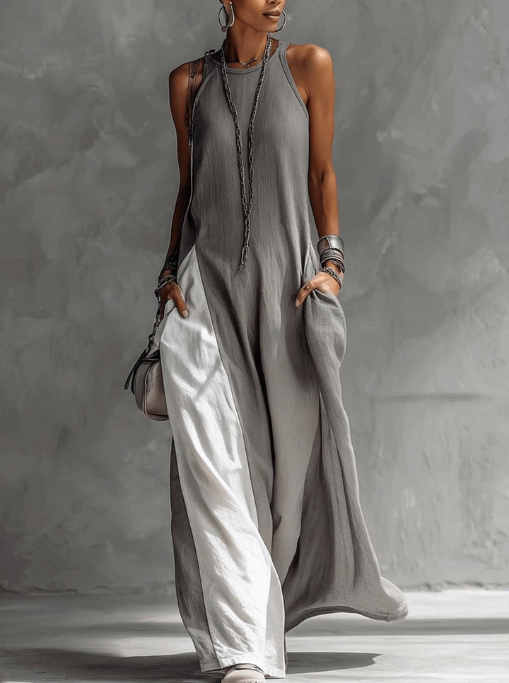 Vestido Maxi Bicolor Gris y Blanco sin Mangas