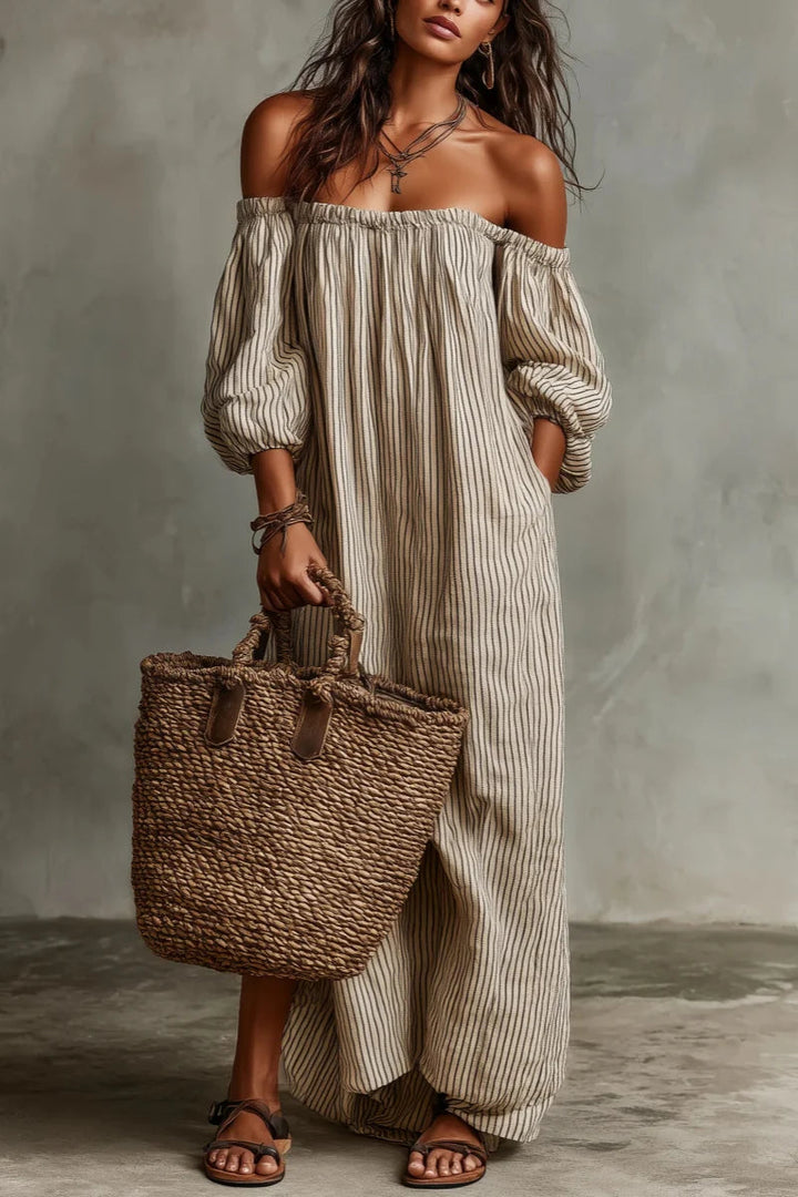 Vestido Maxi de Lino con Hombros Descubiertos y Rayas Beige
