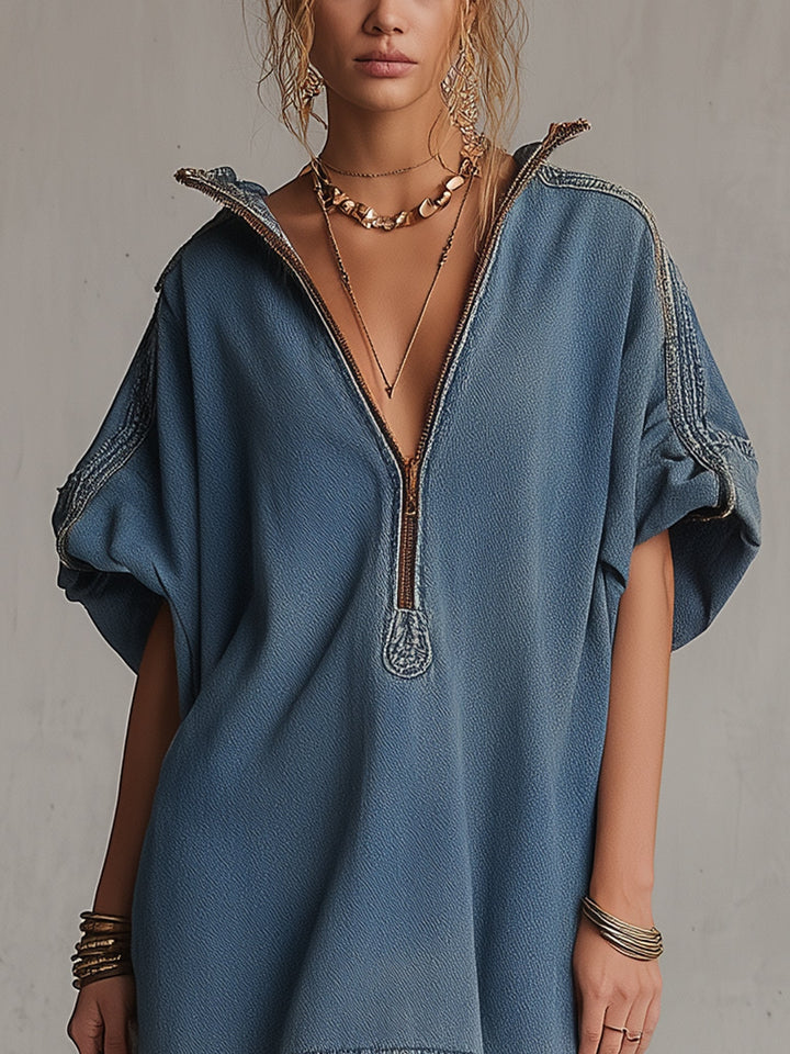 Vestido Mini de Denim Azul Lavado con Cremallera