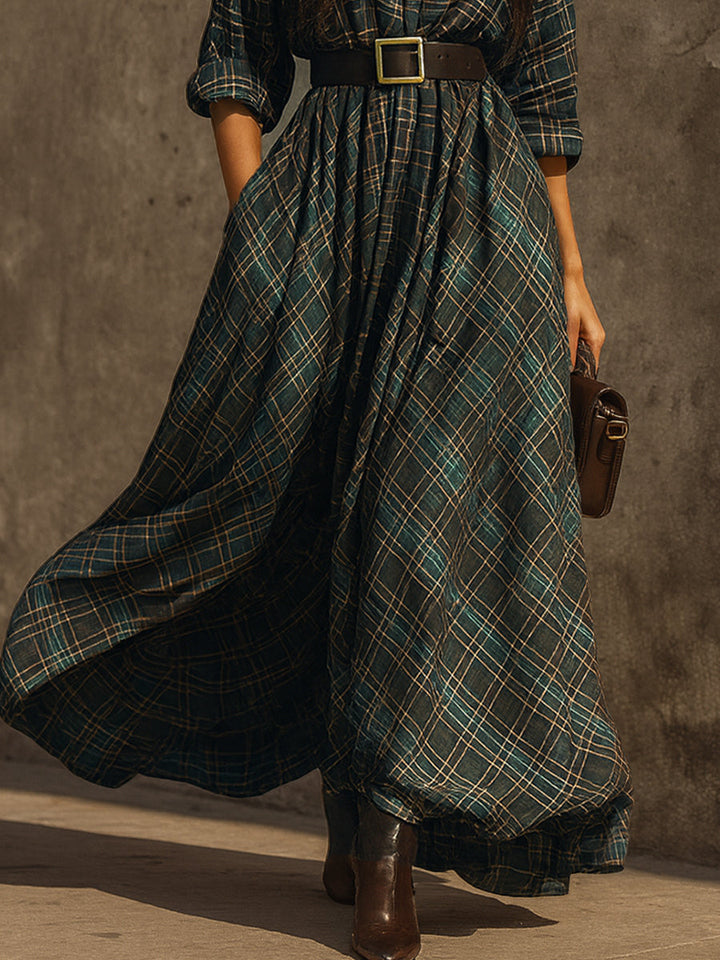 Vestido largo mujer cuadros retro – estilo elegante casual