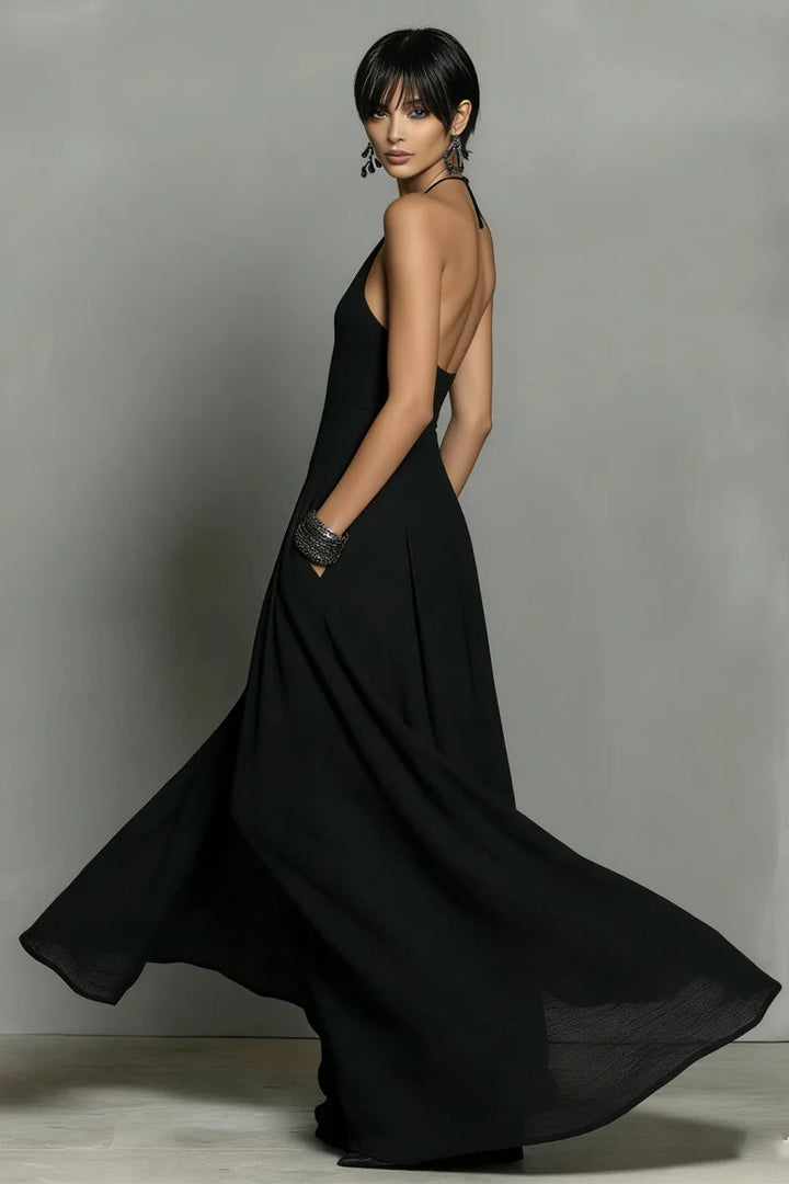 Vestido Maxi Negro de Lino con Cuello Halter y Espalda Descubierta