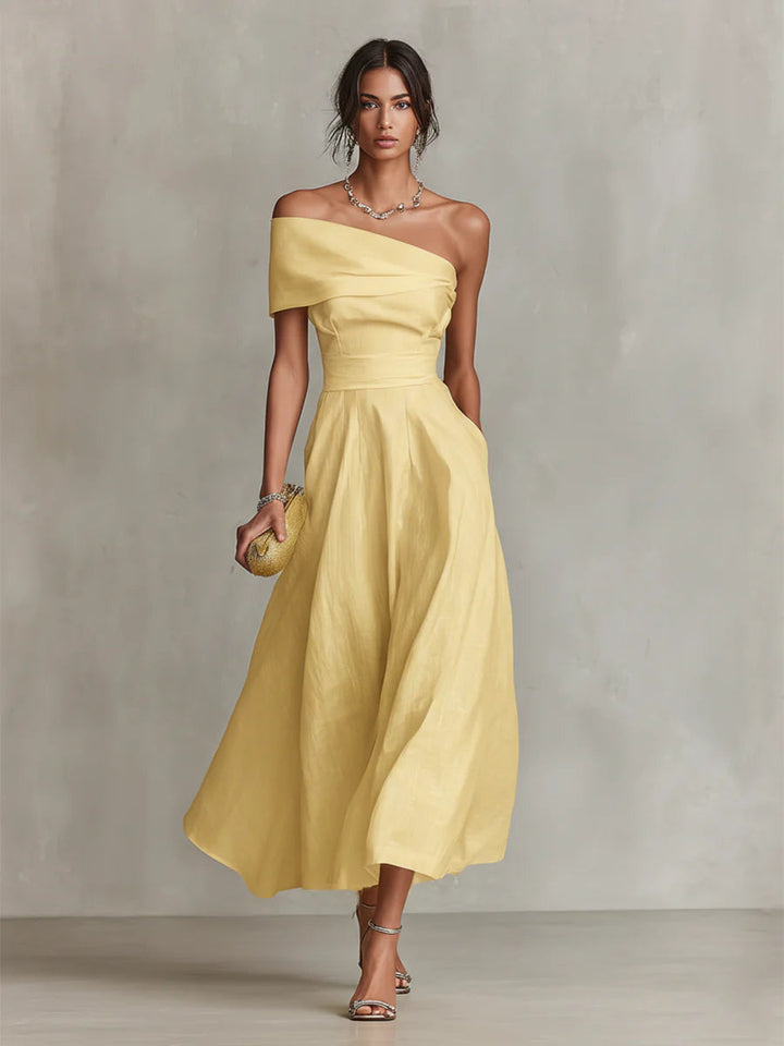 Vestido Maxi Amarillo de Lino con Hombro Descubierto