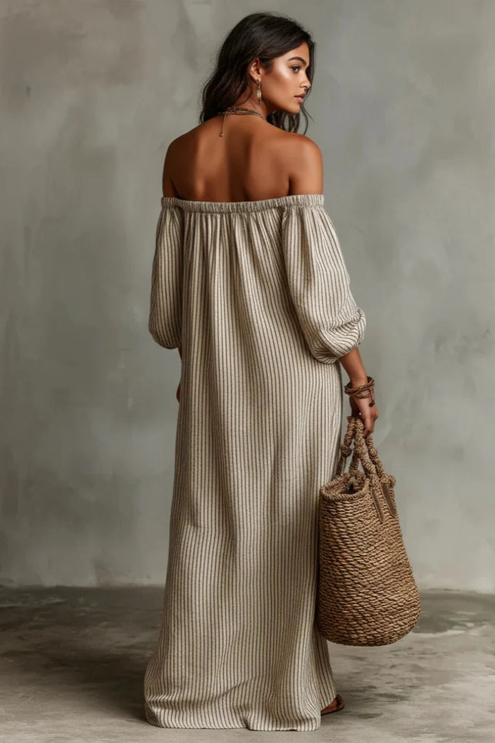 Vestido Maxi de Lino con Hombros Descubiertos y Rayas Beige