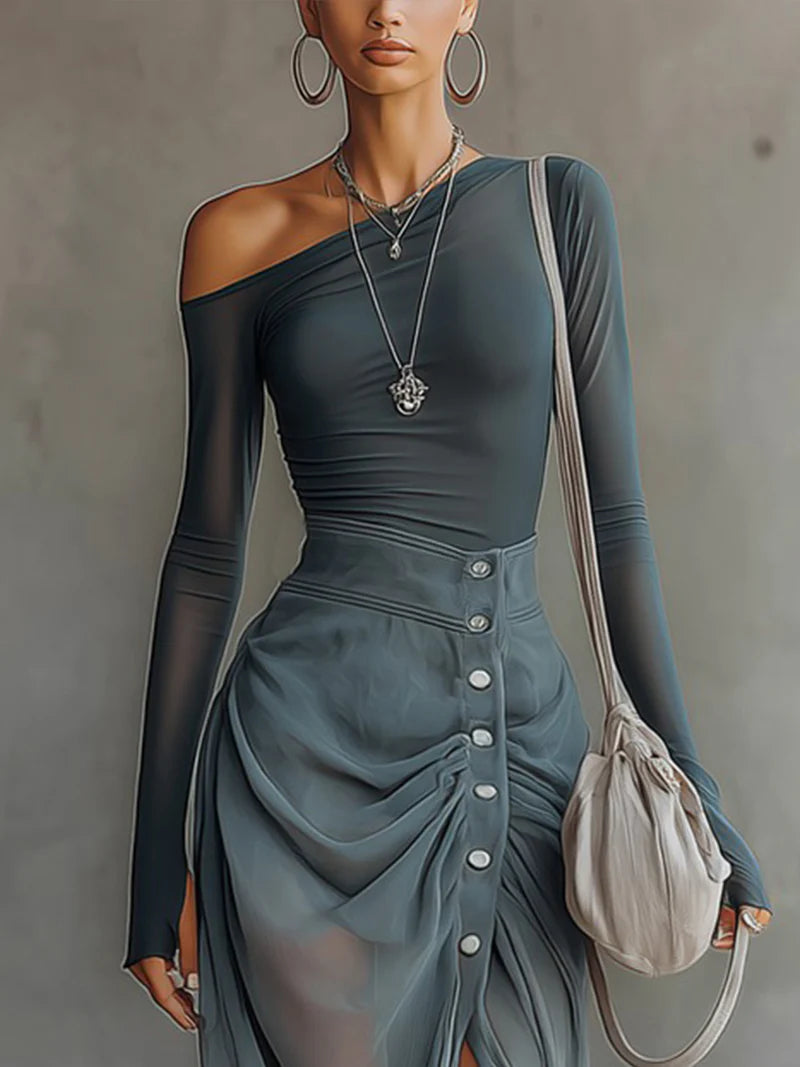 Vestido Maxi Azul de Malla con Hombros Descubiertos