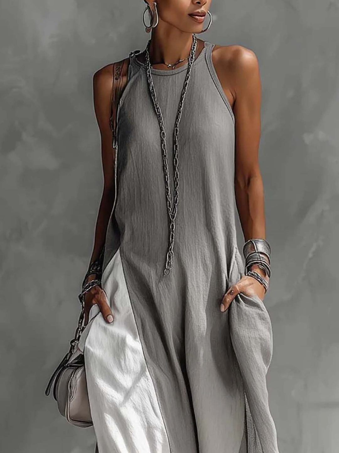 Vestido Maxi Bicolor Gris y Blanco sin Mangas