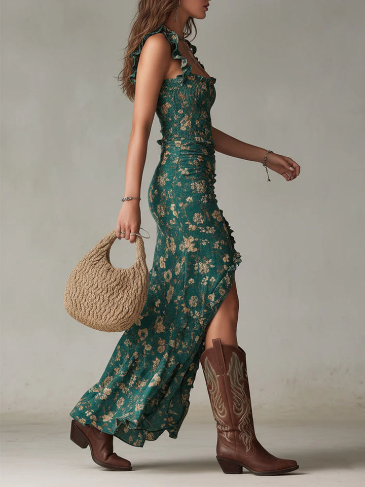 Vestido Maxi Boho Verde con Estampado y Mangas con Volantes