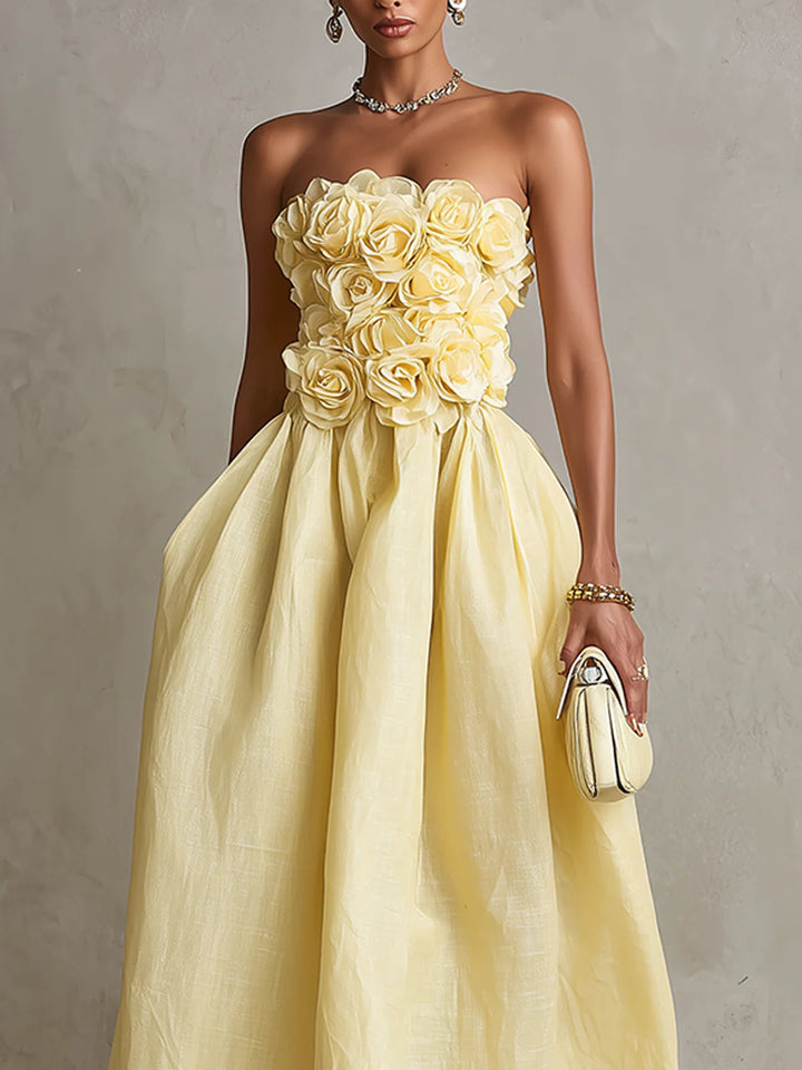 Vestido Midi Amarillo sin Tirantes con Flores 3D