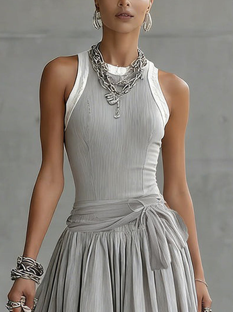 Vestido Midi Gris de Punto Acanalado con Drapeado