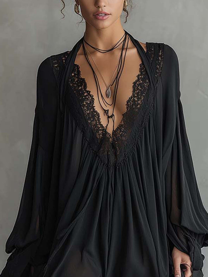 Vestido Mini Negro de Encaje con Espalda Descubierta