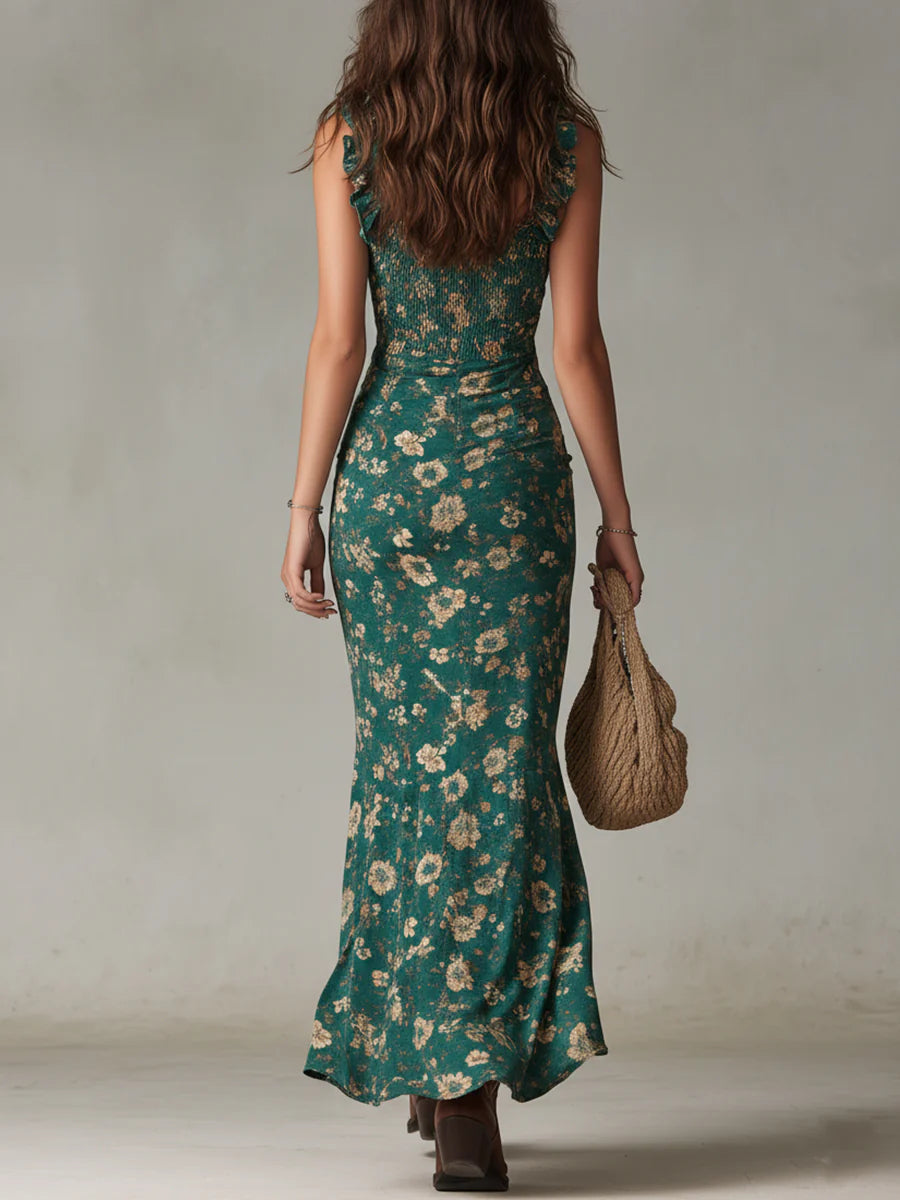 Vestido Maxi Boho Verde con Estampado y Mangas con Volantes