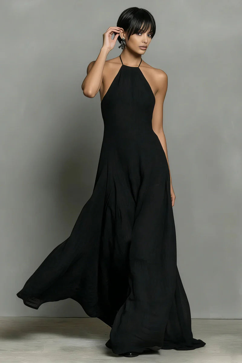 Vestido Maxi Negro de Lino con Cuello Halter y Espalda Descubierta