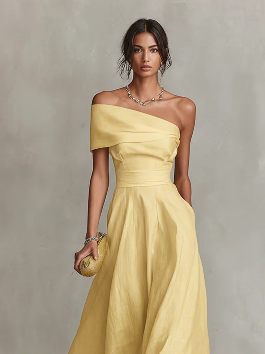 Vestido Maxi Amarillo de Lino con Hombro Descubierto