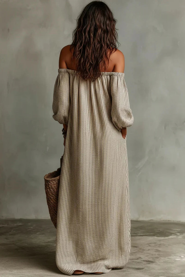 Vestido Maxi de Lino con Hombros Descubiertos y Rayas Beige