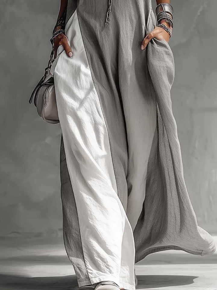 Vestido Maxi Bicolor Gris y Blanco sin Mangas