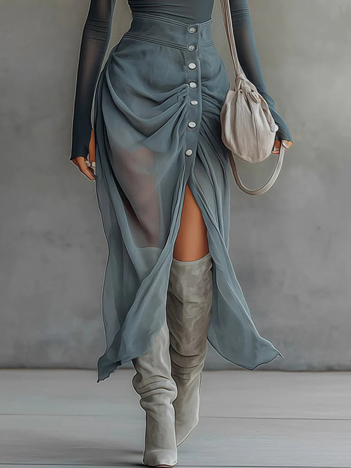 Vestido Maxi Azul de Malla con Hombros Descubiertos