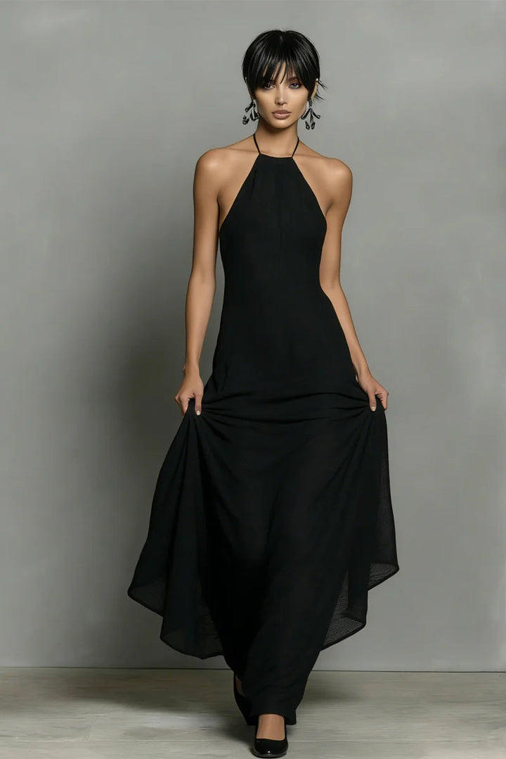 Vestido Maxi Negro de Lino con Cuello Halter y Espalda Descubierta
