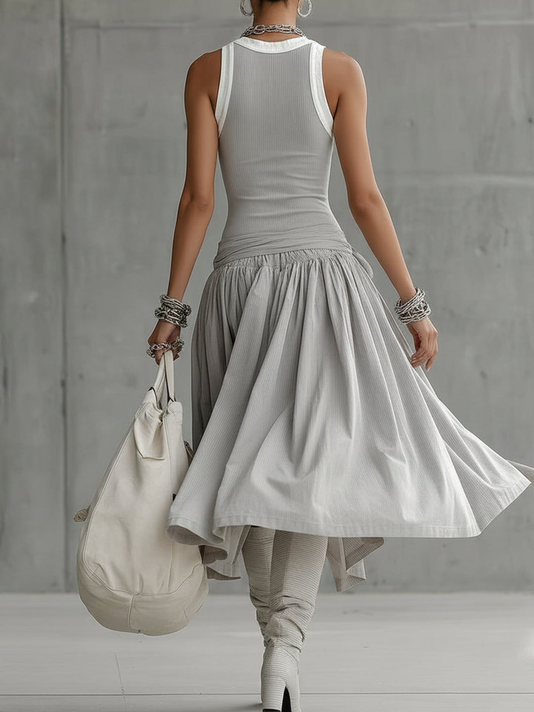 Vestido Midi Gris de Punto Acanalado con Drapeado