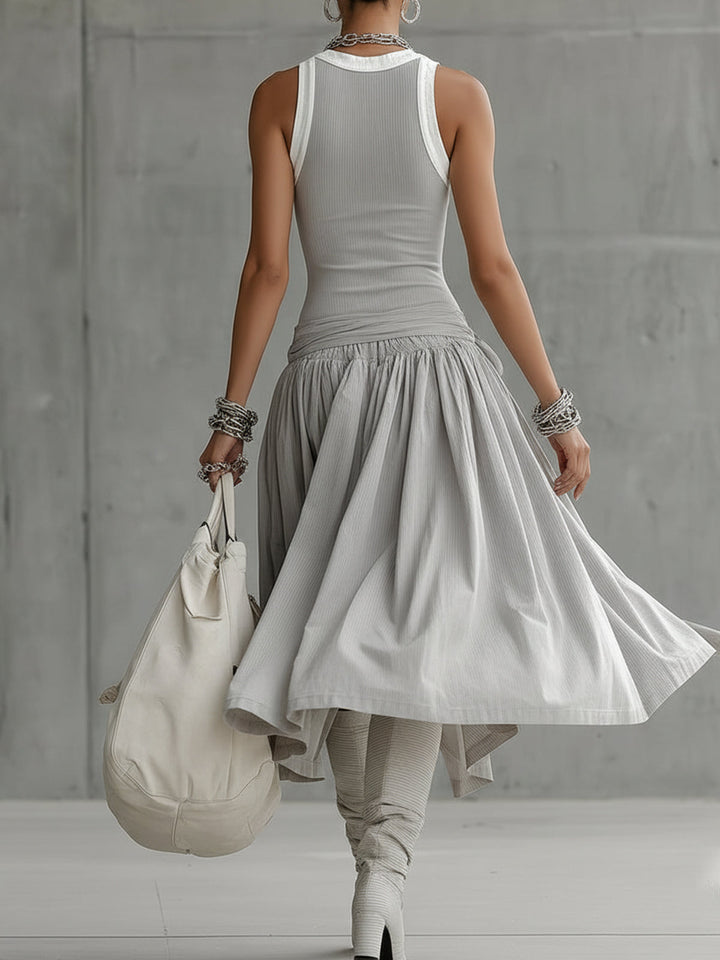 Vestido Midi Gris de Punto Acanalado con Drapeado