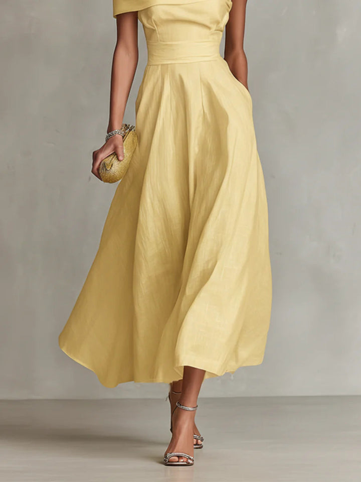 Vestido Maxi Amarillo de Lino con Hombro Descubierto