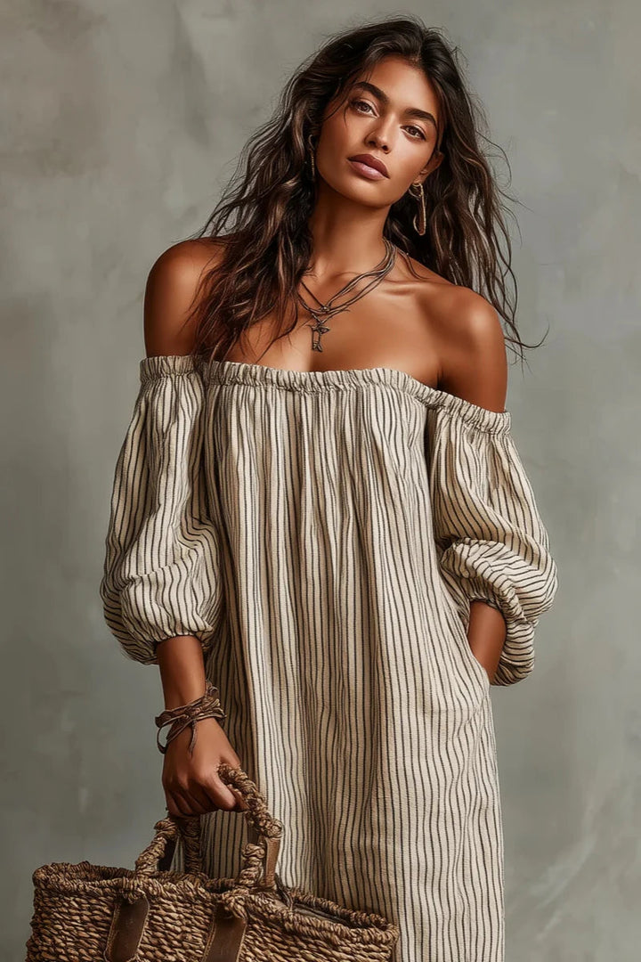 Vestido Maxi de Lino con Hombros Descubiertos y Rayas Beige