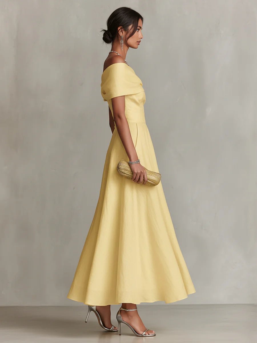 Vestido Maxi Amarillo de Lino con Hombro Descubierto