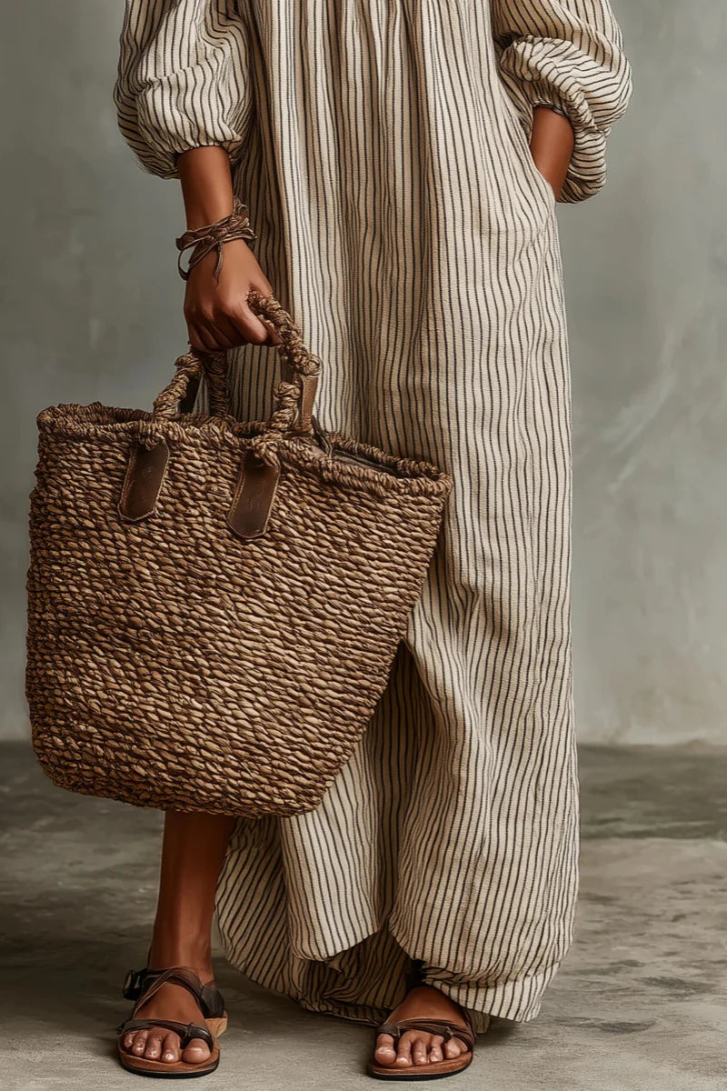 Vestido Maxi de Lino con Hombros Descubiertos y Rayas Beige