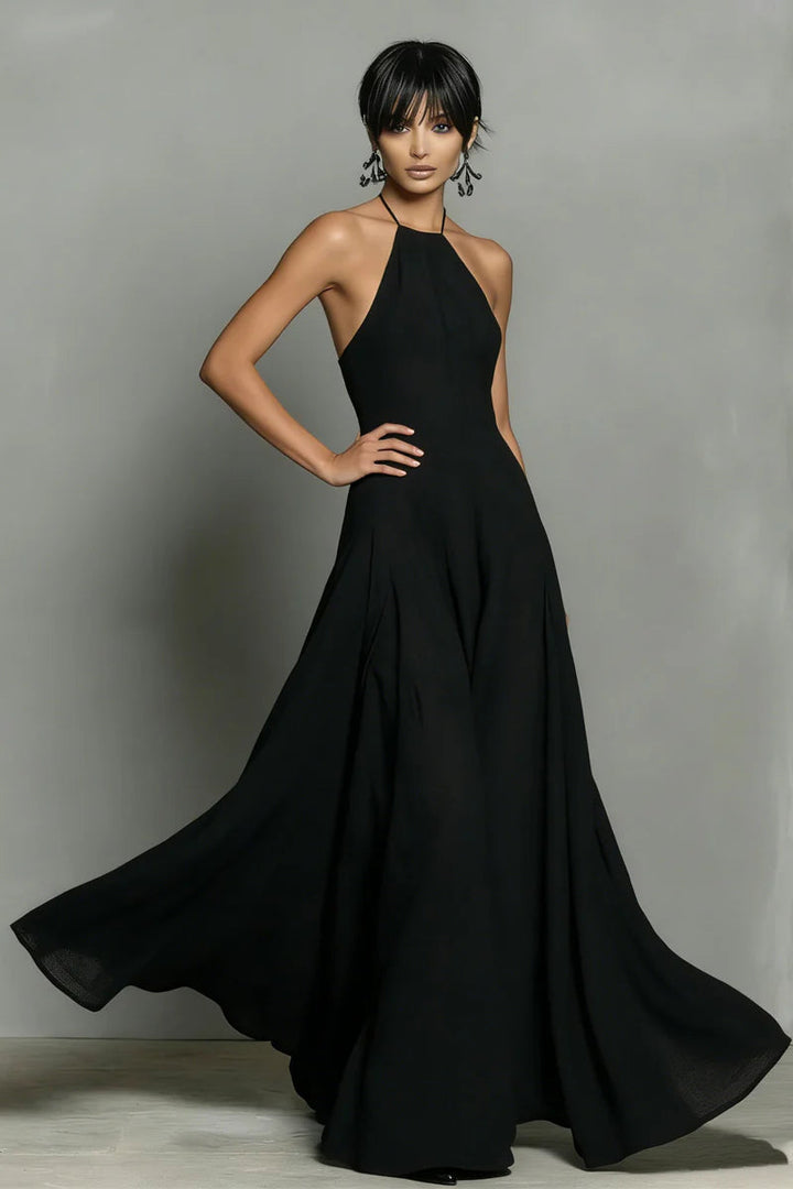 Vestido Maxi Negro de Lino con Cuello Halter y Espalda Descubierta