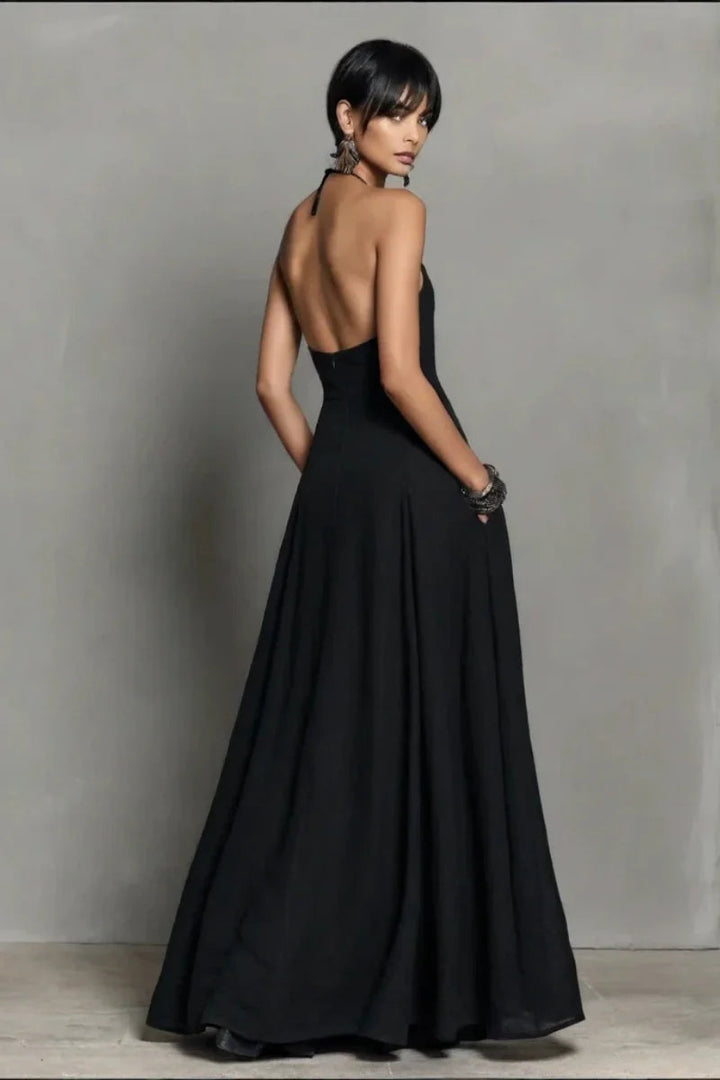 Vestido Maxi Negro de Lino con Cuello Halter y Espalda Descubierta