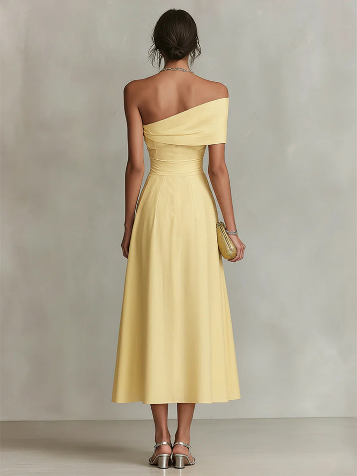 Vestido Maxi Amarillo de Lino con Hombro Descubierto
