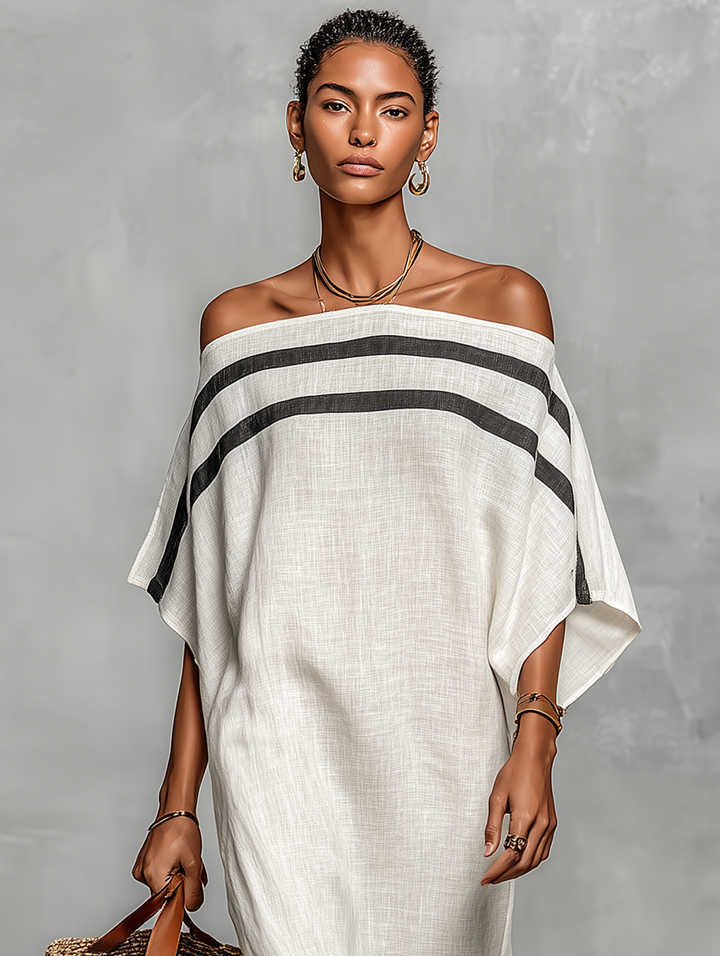 Vestido Maxi de Lino con Hombros Descubiertos y Mangas Murciélago Minimalista