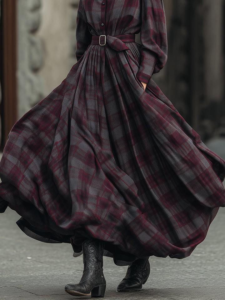 Vestido Maxi Camisero de Cuadros Retro con Mangas Farol y Cinturón