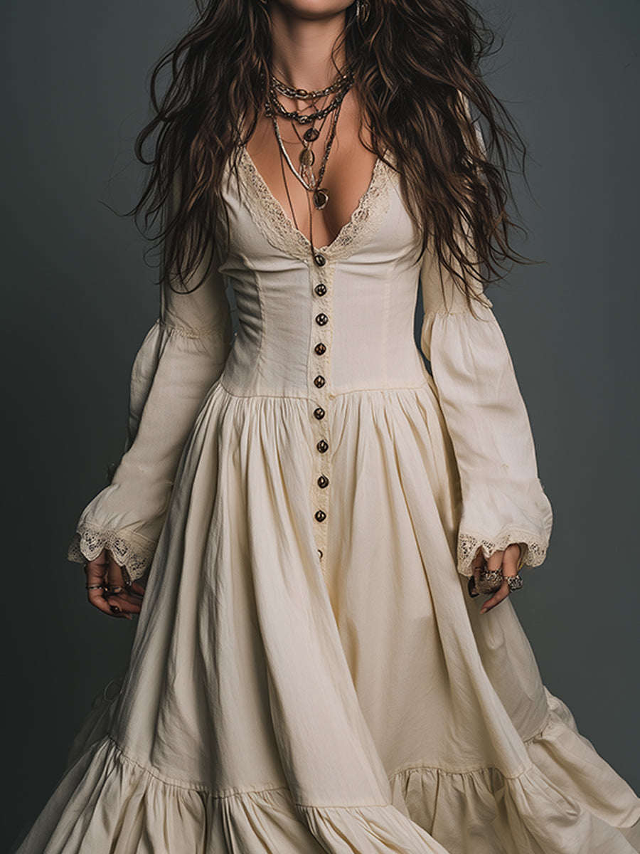 Vestido Maxi de Algodón con Encaje Vintage y Botones