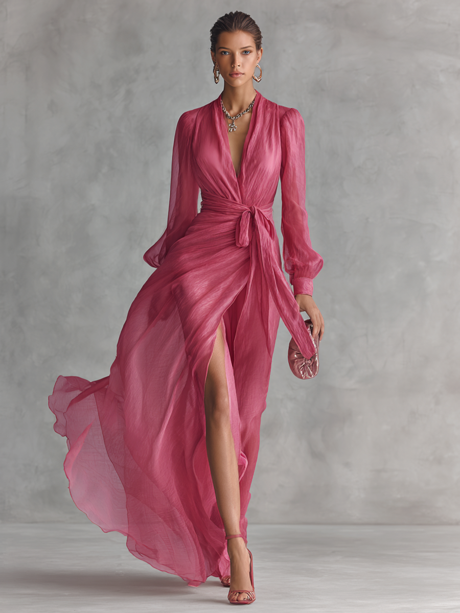 Vestido Maxi de Gasa con Escote en V y Perlas en Rosa