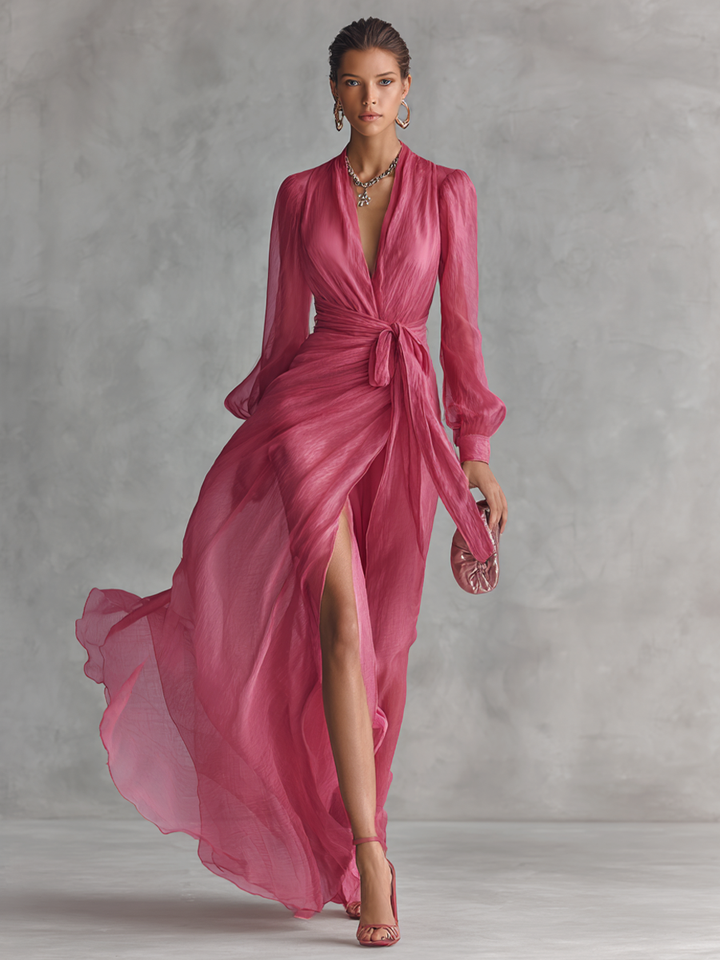Vestido Maxi de Gasa con Escote en V y Perlas en Rosa