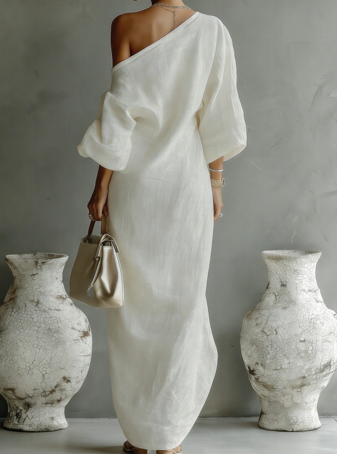 Vestido Maxi de Lino y Algodón con Hombro Descubierto en Blanco Marfil